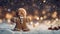 Happy gingerbread man on the snow amid nighttime twinkle bokeh Christmas atmosphere