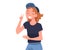 Happy Girl in Baseball Cap Standing and Smiling Showing V Sign Gesture Vector Illustration