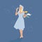 A happy girl in a blue dress and hat blows soap bubbles, holding a flower and a medical mask. Illustration for the end of the coro