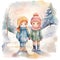 Happy girl and boy are walking on a winter sunny day. Generative ai