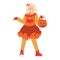 Happy girl in bright pumpkin costume trick or treat. Halloween holiday party children funny celebration in kindergarten