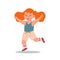 Happy girl. Cartoon child jumping, smiling and laughing kid, school friendship, redhead pupil waving hand, positive
