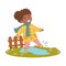 Happy Girl in Coat and Rubber Boots Walking in Puddle Engaged in Spring Season Activity Vector Illustration