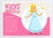 Happy girl dressed as angel, cute kid in Christmas costume for masquerade, kids land banner flat vector element for