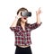 Happy girl getting experience using VR headset glasses of virtual reality, much gesticulating hands, isolated