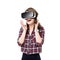 Happy girl getting experience using VR headset glasses of virtual reality, much gesticulating hands, isolated