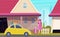 Happy girl go to travel. Road trip, young lady drive to beach. Car with luggage and cartoon cute female near home vector
