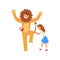 Happy Girl Having Fun with Animator in Lion Costume at Birthday Party, Entertainer in Festive Costume Performing Before