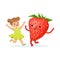 Happy girl having fun with fresh smiling strawberry, healthy food for kids colorful characters vector Illustration