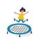 Happy girl jumping on trampoline. Young woman having fun jump and bouncing, spare time, training and activity