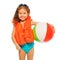 Happy girl in lifejacket with colored rubber ball