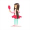 Happy Girl With Long Dark Hair In Classic Girly Color Clothes Smiling Cartoon Character Looking In The Mirror