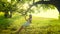 Happy girl with long hair swinging on swing on tree branch. On swing in the park happy girl. Slow motion.