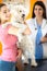 Happy girl and Maltese dog in vet clinic