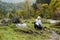 Happy girl. Mountain landscape. Beautiful dog