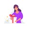 Happy girl opens gift box with red bow vector illustration. Smiling woman with surprise box. Birthday celebration. Flat