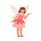 Happy girl in pixie or fairy costume with decorative wings and magic wand vector flat illustration. Cute female kid