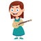 happy girl playing guitar, little female guitarist on music performance, cartoon vector