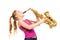 Happy girl playing saxophone on white background