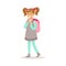 Happy Girl With Ponytails In Classic Girly Color Clothes Smiling Cartoon Character Going To School