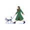 Happy girl in raincoat walking dog in rainy weather. Owner in overcoat lead puppy in rain side view. Young woman in