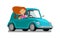 Happy girl rides car. Driving, trip, travel concept. Cartoon vector illustration