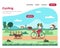 Happy girl riding bicycle on rural road. Outdoor nature landscape. Countryside farm. Woman cycling. Vector web site