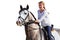 Happy girl riding horse on white background