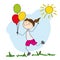 Happy girl running and holding colorful balloons