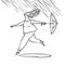 Happy girl runs with an umbrella in the rain. Walk under the rain. Vector outline style. doodle style