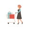 Happy girl with shopping. Woman with shopping cart. Female shopaholic concept art. Cartoon character design. Flat