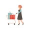 Happy girl with shopping. Woman with shopping cart. Female shopaholic concept art. Cartoon vector character design