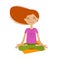 Happy girl sitting in lotus pose. Yoga, fitness concept. Cartoon vector illustration