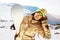 Happy girl snowboarder snowboard ski skiing concept