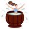 Happy girl takes spa treatments in the hot tub or cedar barrel. Pretty woman relieves stress in a sauna or steam room. A