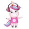 Happy girl unicorn headphones listen music isolated 3d cute cartoon design vector children Illustration