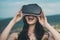 Happy girl using VR headset. Digital future and innovation. Woman getting experience using VR-headset glasses. Visual