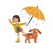 Happy girl walking with cute dog under umbrella, enjoying rain. Kid in gumboots playing or dancing outdoor in rainy