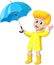 Happy Girl in Yellow Raincoat Hold Blue Umbrella Cartoon