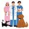 Happy girls and boys are veterinarians with pets. Vector illustration of animal care. Flat style. Doctors and nurses