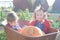 Happy girls sitting inside wheelbarrow at field pumpkin patch