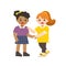 Happy girls standing and shaking hands making peace. Happy multiracial kids best friends.