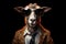 Happy Goat In Suit And Sunglasses On Black Background. Generative AI