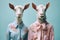 Happy goats posed in stylish fashion on pastel background with copy space for text placement