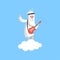 Happy god character standing on fluffy white cloud and playing guitar. Christian religious theme. Flat vector