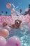 Happy Golden Retriever Dog Splashing in a Pool Filled with Pink Balloons Under Sunny Skies