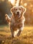 Happy golden retriever running outdoors in the park towards the camera, sunset