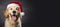 Happy Golden Retriever wearing a Santa hat. Christmas pet theme banner. Generative AI image