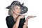 Happy gorgeous mature woman in hat showing something