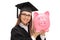 Happy graduate student holding a piggybank